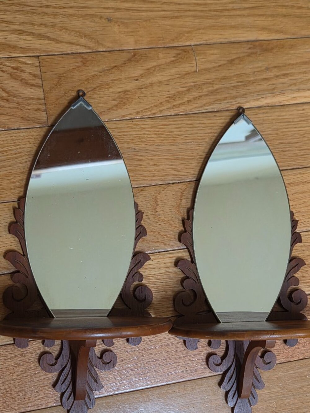 unique vintage carved wood wall shelf with mirrors set of two